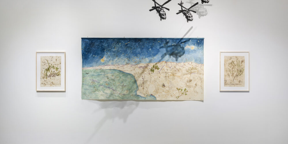 In this artwork installation by the artist Sandy Rodriguez, there are two small framed paintings featuring various plants. In the middle of these two works is a large, horizontal artwork depicting the San Gabriel Mountains. Hanging above this work are three small black helicopter sculptures with skull fronts.