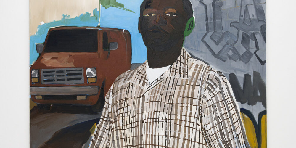 In this painting by the artist Henry Taylor, a male person of color is standing in the foreground. His left ear is painted green, and he is wearing an off white checkered shirt. Over his left shoulder is a brown van parked on the street, while over his right shoulder is a wall with graffiti that says, "L.A.".