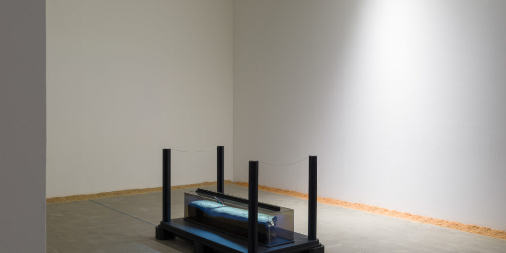 This is a color photograph of two artworks by Lukas Geronimas. In the foreground is the sculpture entitled Mayfair Column Remainder, which is depicted at a slight angle. It has been placed on the floor, centered in the room. It consists of a rectangular black platform with four black posts in each corner. Centered on the platform is a rectangular column on its side, made of transparent plexiglass containing a railroad tie, which is a rectangular piece of wood. It is illuminated with an LED light. In the background to the right of the sculpture and along the perimeter of the floor and walls of this installation is another artwork titled Puzzledust, which is sawdust that was produced, collected and stored by the artist over the past two years.