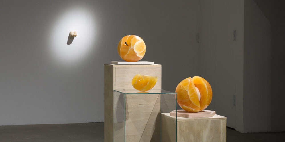 This is a color photograph of four sculptures by Nevine Mahmoud. Three of the sculptures are in the foreground on pedestals (wood and plexiglass), each one made of orange calcite resembling cut or whole peaches. From top to bottom are: Peach Object, Slick Slice and Miss her (peach). In the background mounted on the wall is a flesh toned sculpture entitled Headless, which depicts a human tongue with the tip slightly upturned.