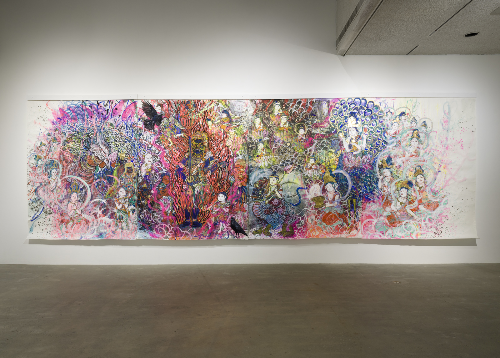 Wakana Kimura, LA MANDALA, 2023, watercolor, sumi ink, marker, acrylic color, vinyl color on paper, 102 x 314 inches. Courtesy of the City of Los Angeles Department of Cultural Affairs / Los Angeles Municipal Art Gallery. Photo by Jeff McLane.