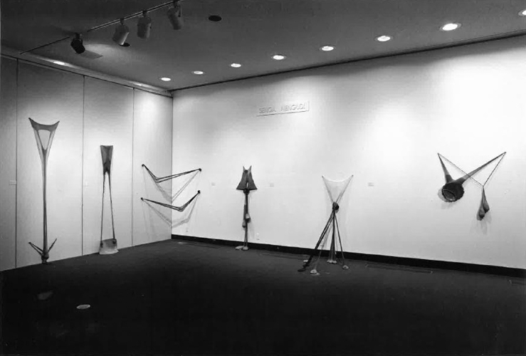 Installation view of Senga Nengudi’s sculptures for the “Newcomers” exhibition curated by Josine Ianco-Starrels, 1976. Courtesy of The Los Angeles Municipal Art Gallery.