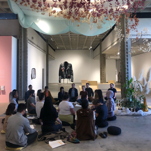 Public programming featuring a meditation workshop with installation artist Lani Trock for "Loitering is delightful," 2020.  Courtesy of The Los Angeles Municipal Art Gallery.