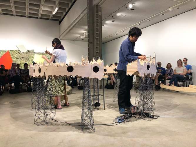 Katie Grinnan, Kozue Matsumoto and Eugene Moon performing “5 Seconds of Dreaming!” for C.O.L.A. 2019, 2019.  Courtesy of The City of Los Angeles Department of Cultural Affairs / The Los Angeles Municipal Art Gallery.