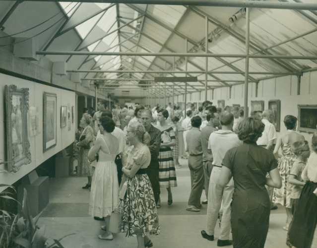 Guests viewing the "Vincent Van Gogh" exhibition at LAMAG, 1957. Courtesy of The City of Los Angeles Department of Cultural Affairs / The Los Angeles Municipal Art Gallery.