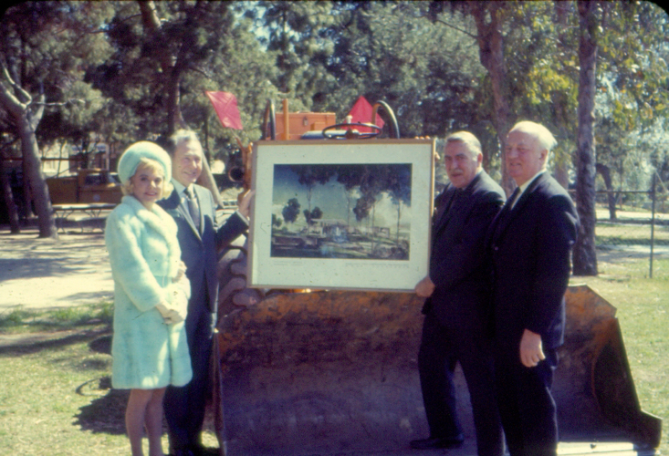 Mr. and Mrs. Onstad, Mayor Sam Yorty, and former Councilman Paul Lamport at ground-breaking ceremonies for the new Municipal Art Gallery, 1969. Courtesy of The City of Los Angeles Department of Cultural Affairs.