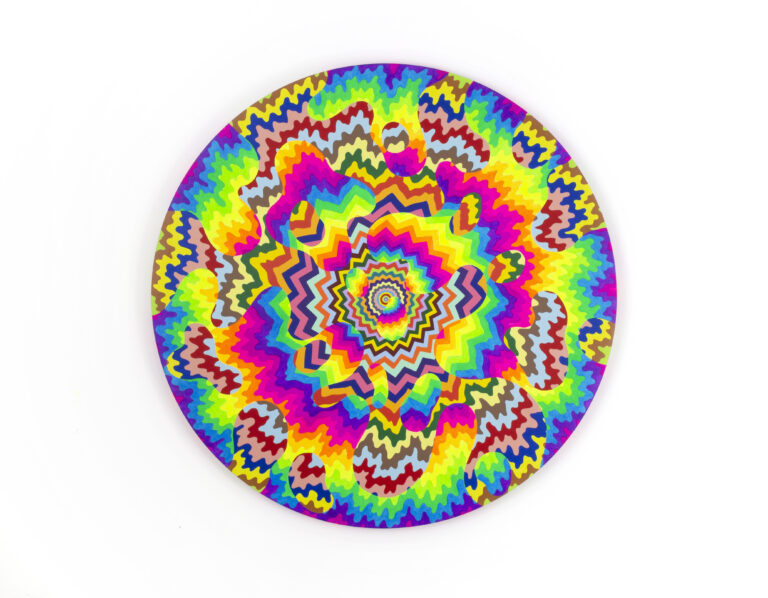 Jen Stark, Neon Refraction, 2023, acrylic on wood, 24 x 24 x 1 inches